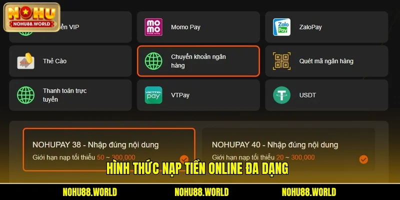 Hình thức nạp tiền online đa dạng